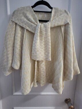 NWOT Textured Cream Knit Poncho with Integrated Scarf Detail
